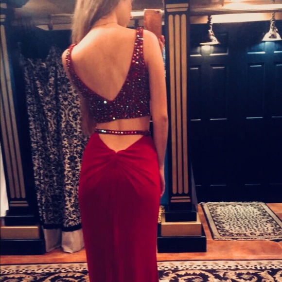 Sherri Hill Two Piece Ruby Red Prom Dress - Picture 4 of 9